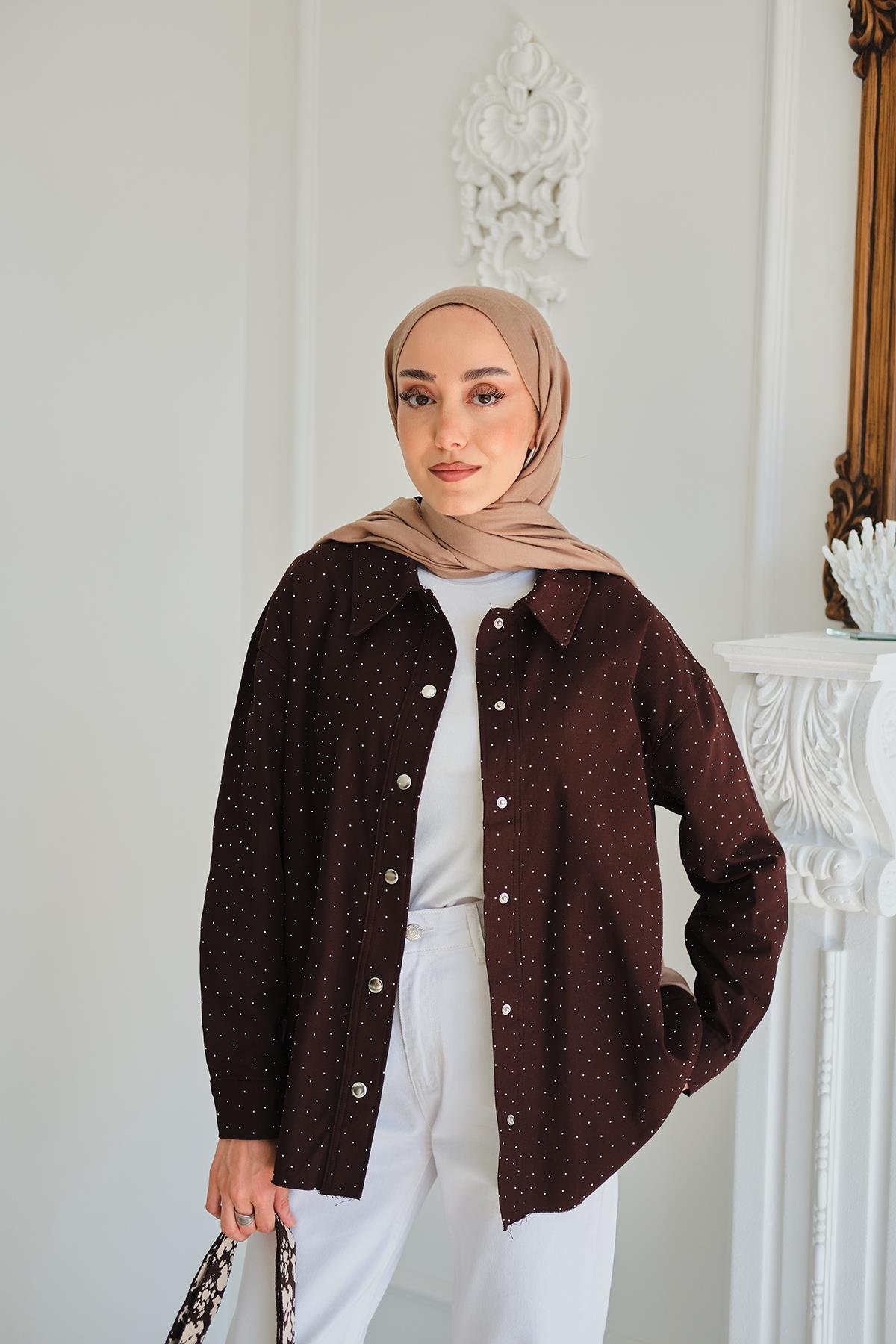 Taşlı Gabardin Gömlek Kahverengi