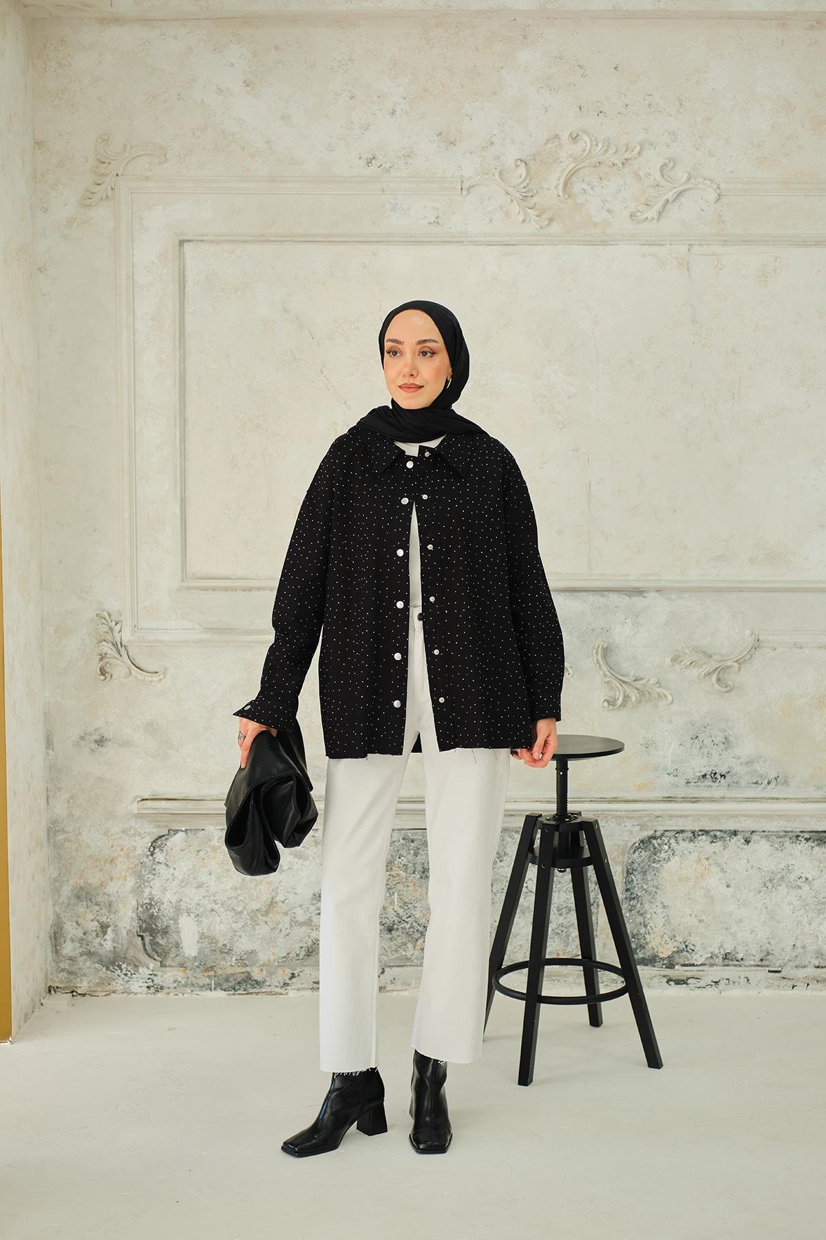 Taşlı Gabardin Gömlek Siyah