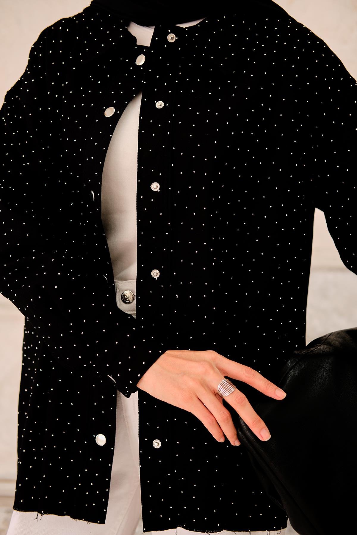 Taşlı Gabardin Gömlek Siyah