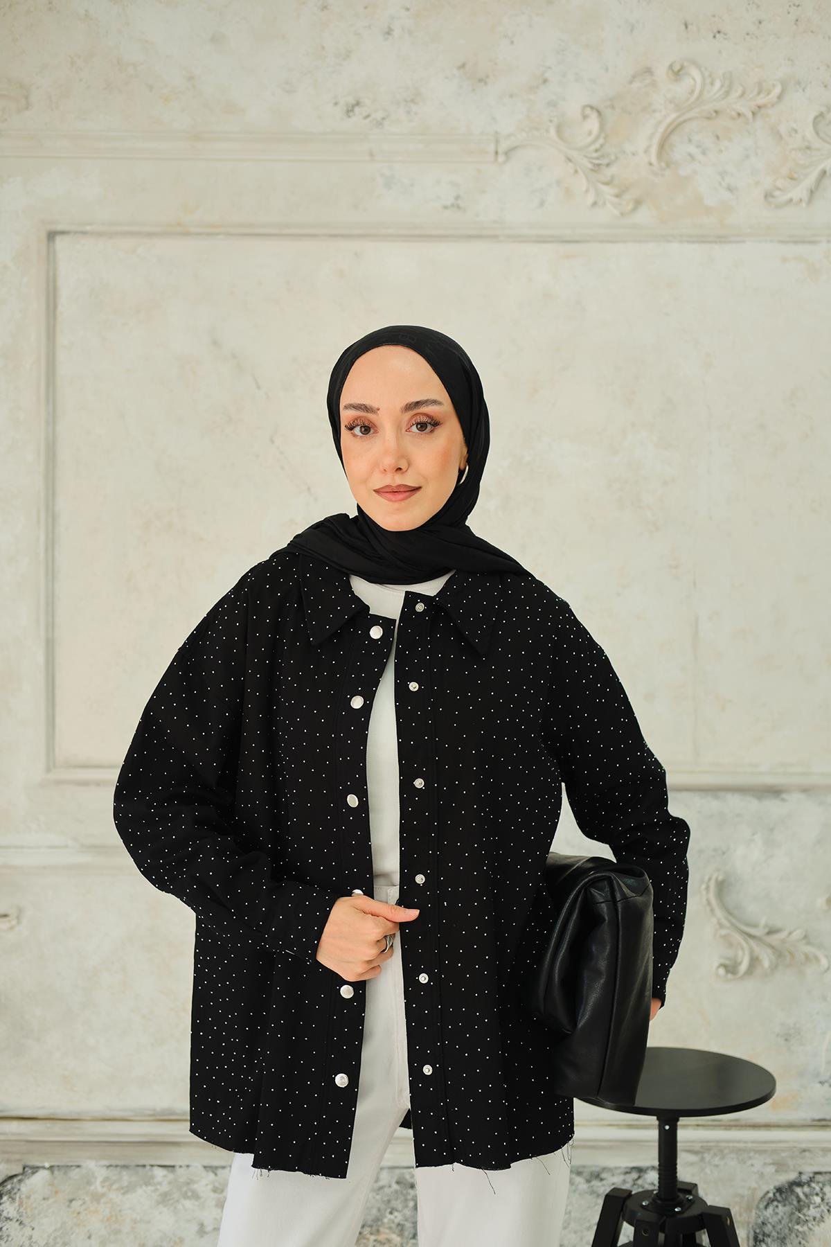 Taşlı Gabardin Gömlek Siyah