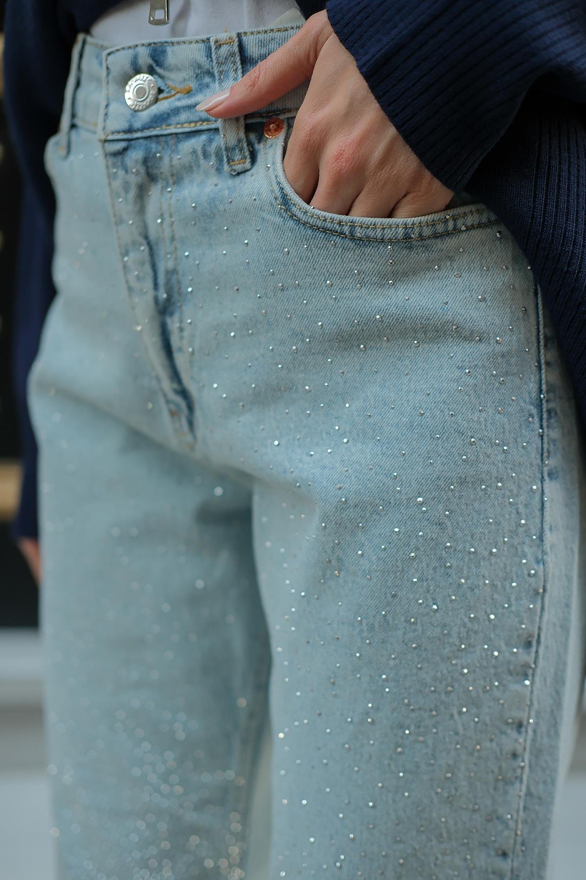 Taşlı Kot Pantolon Buz Mavi