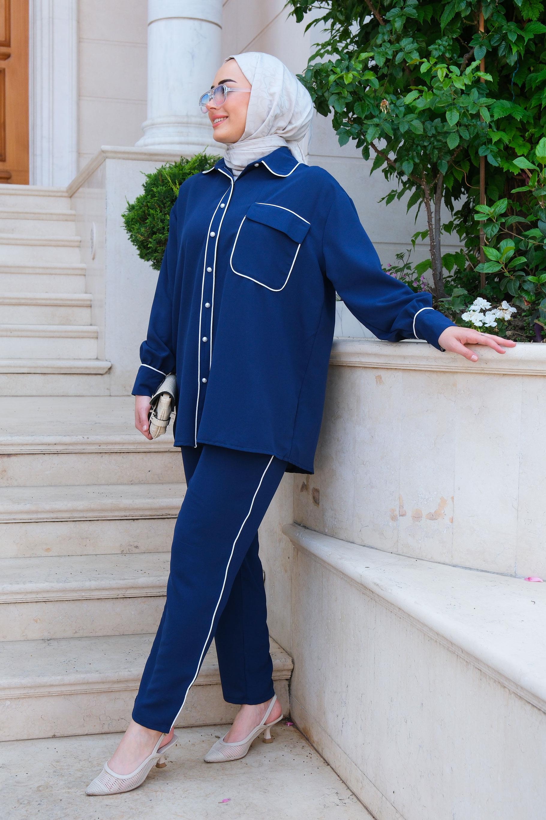 Tek Cepli Şerit Detay İkili Takım Lacivert