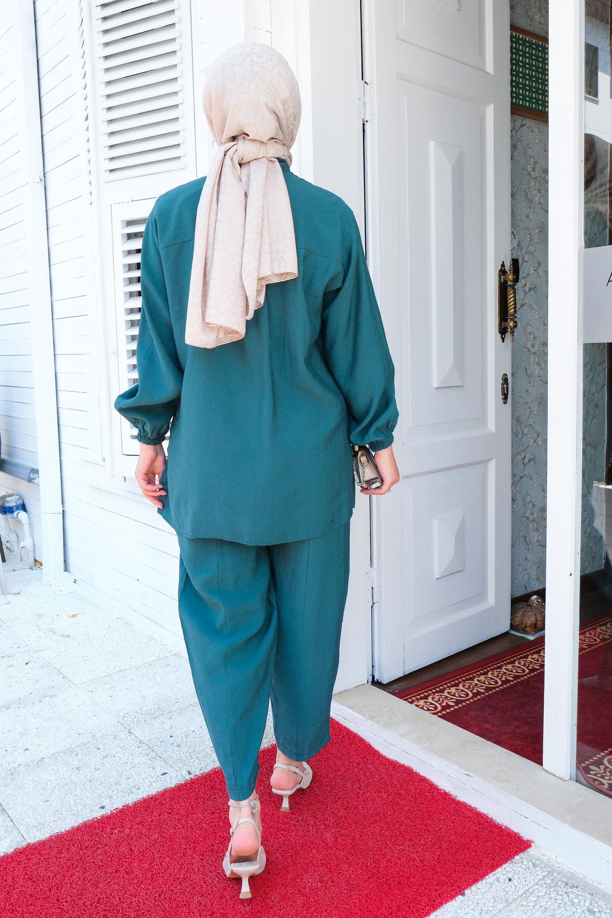 Tek Cepli Taş Detay İkili Takım  Petrol Yeşil