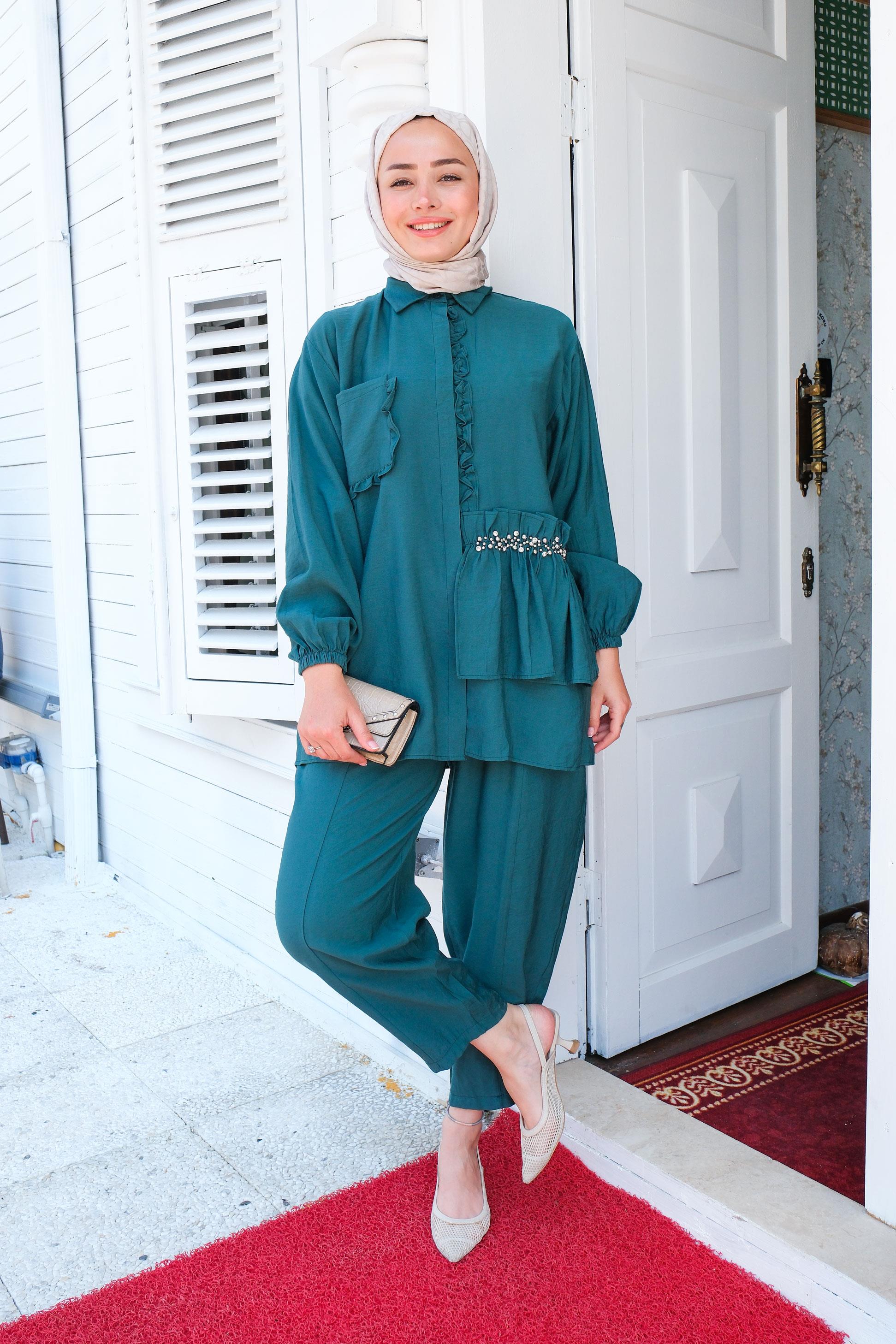 Tek Cepli Taş Detay İkili Takım  Petrol Yeşil