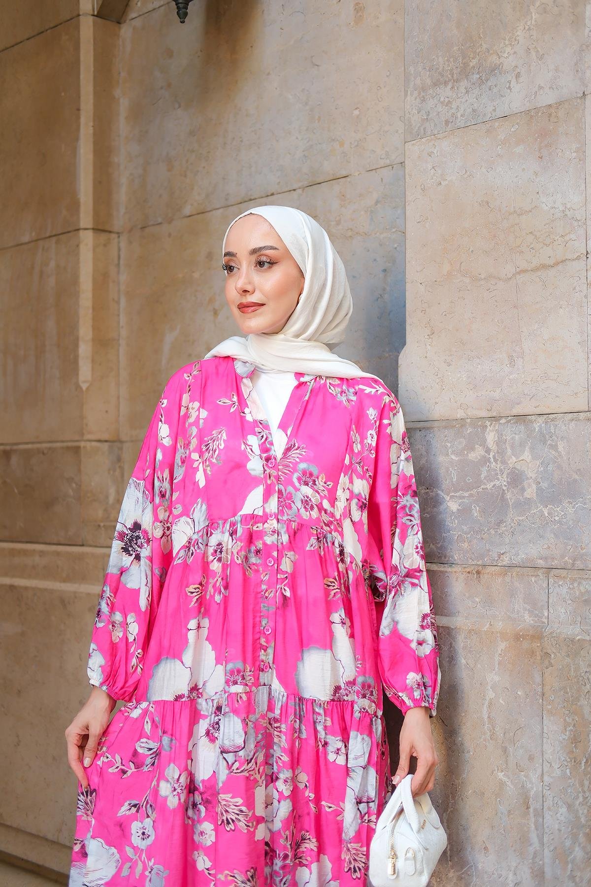 Tropical Çicek Desen Elbise Pembe