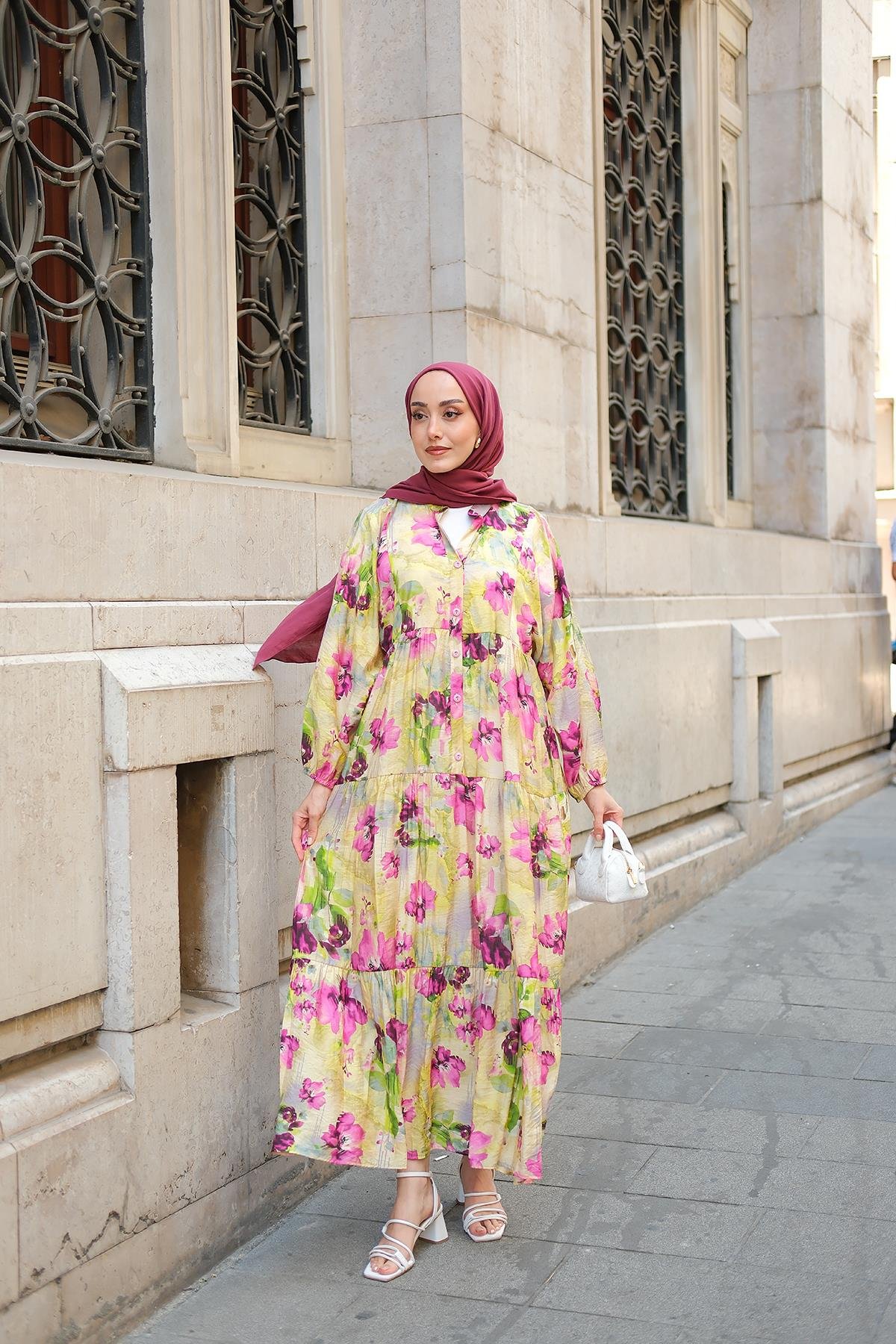 Tropikal Çicek Desen Elbise Yağ Yeşil