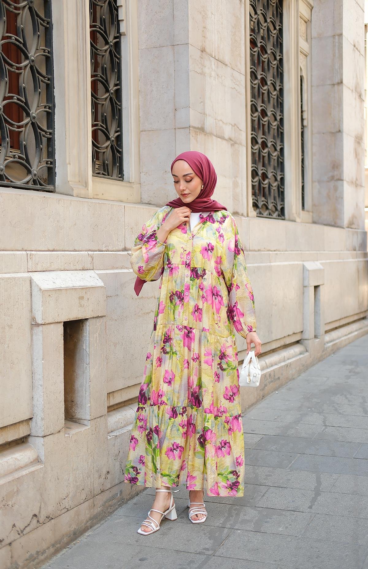 Tropikal Çicek Desen Elbise Yağ Yeşil