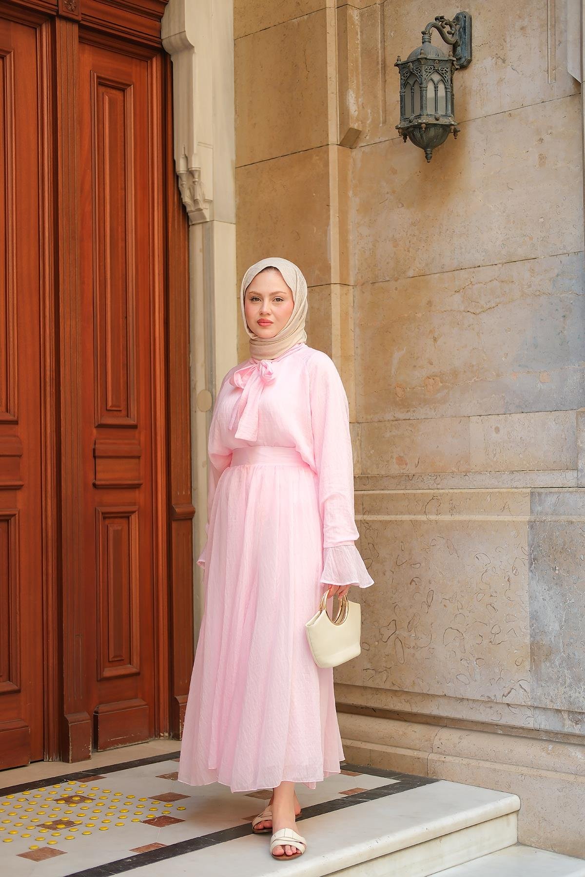 Tül Detay Bağlamalı İkili Takım Pembe