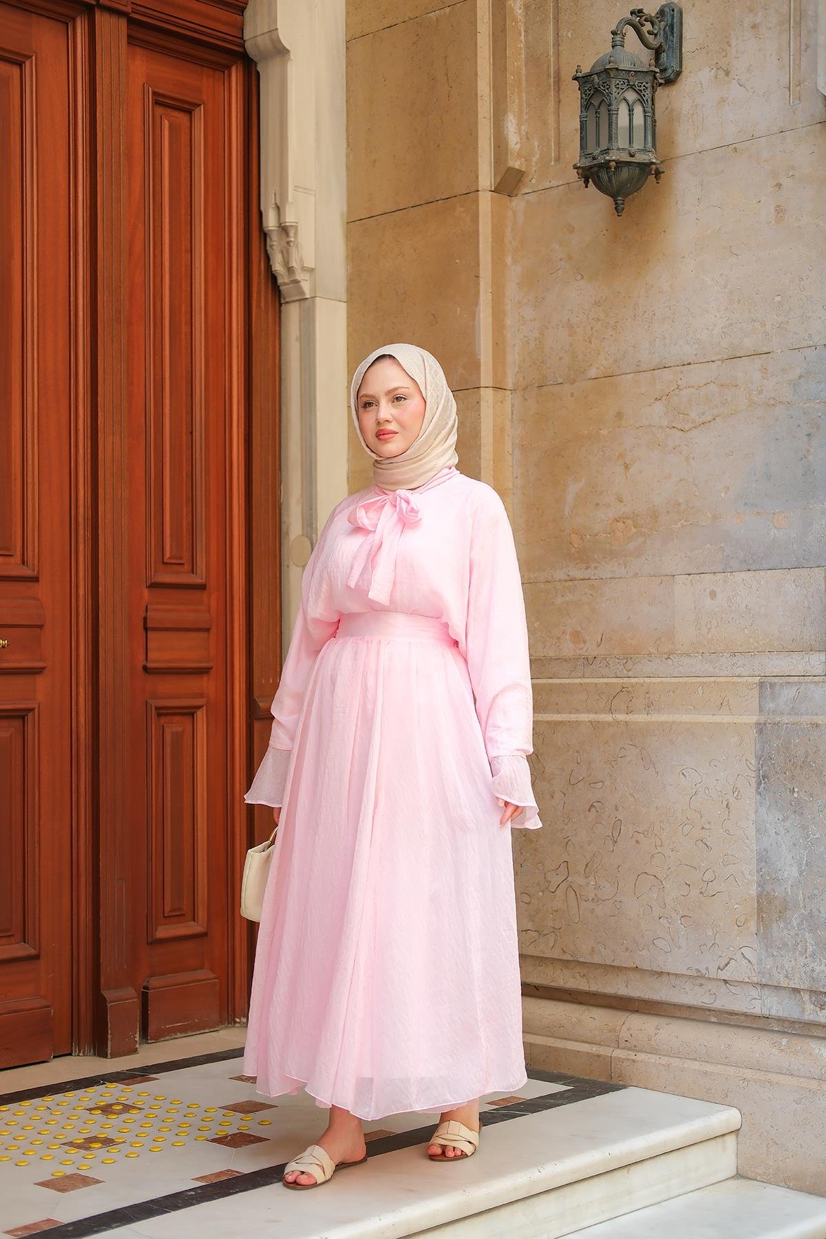 Tül Detay Bağlamalı İkili Takım Pembe