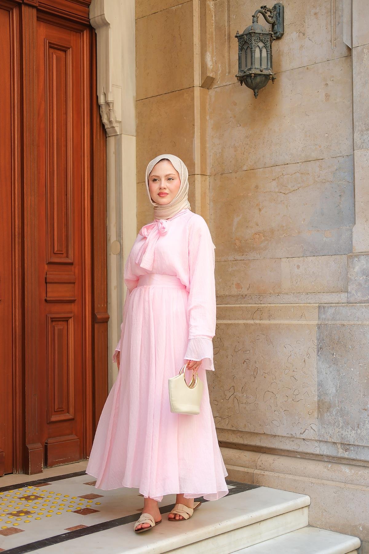 Tül Detay Bağlamalı İkili Takım Pembe