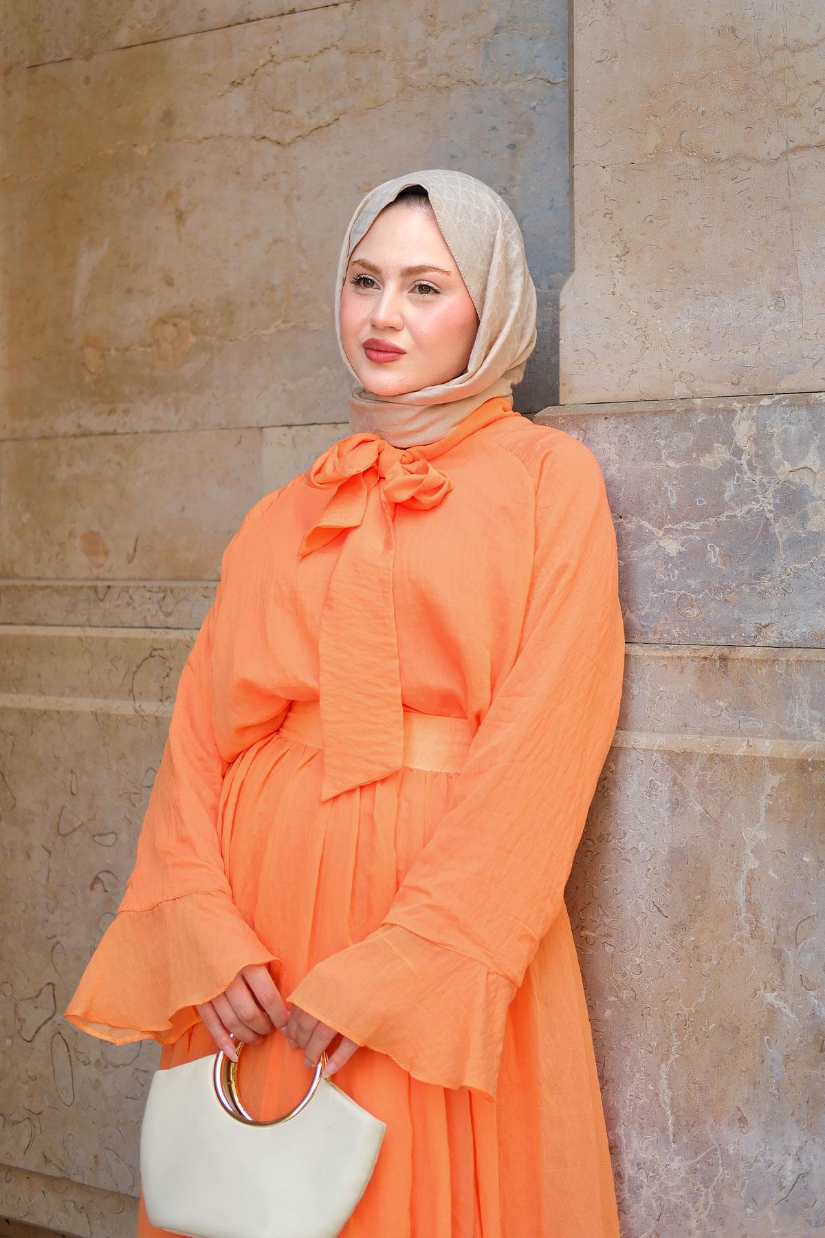 Tül Detay Bağlamalı İkili Takım Turuncu