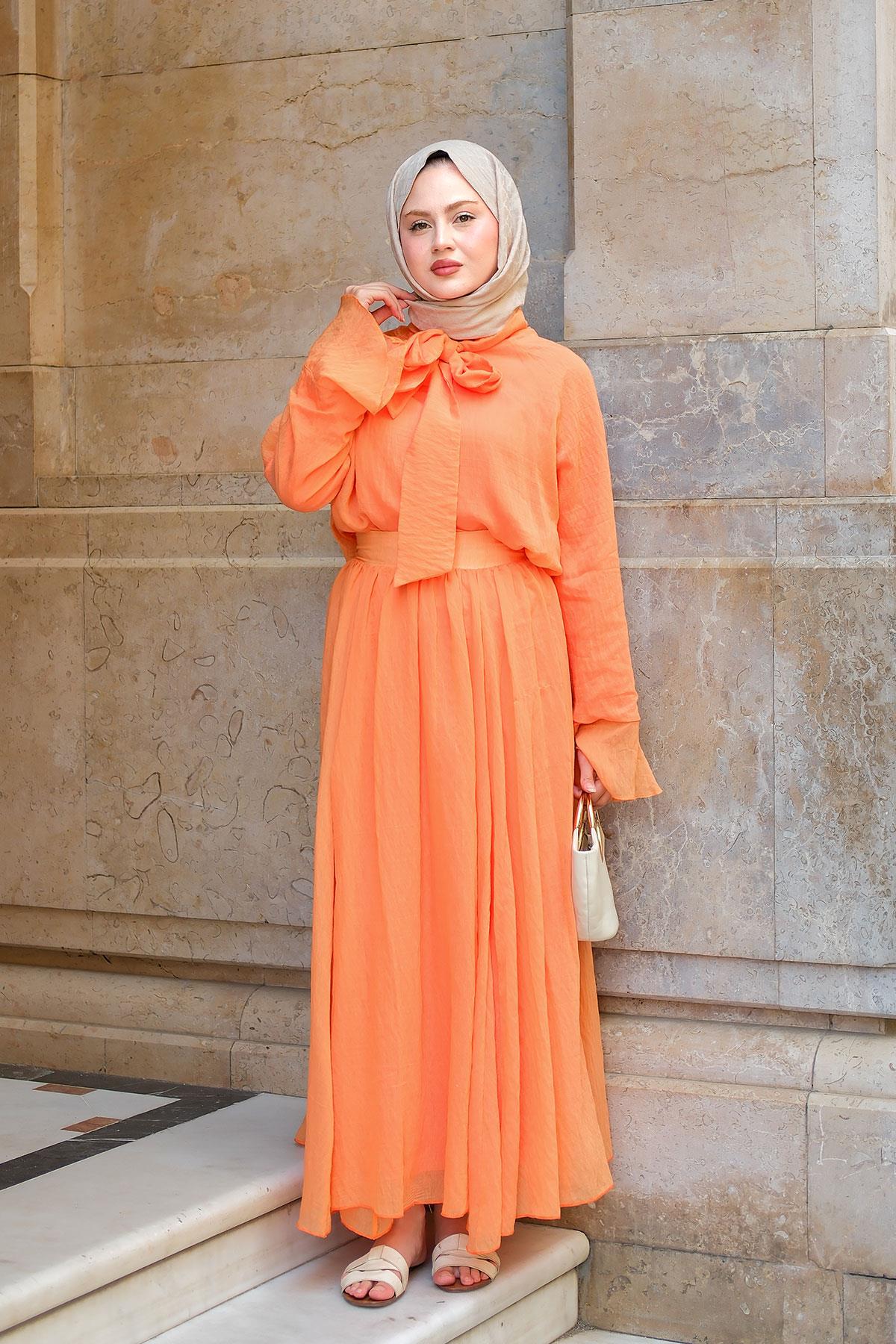 Tül Detay Bağlamalı İkili Takım Turuncu