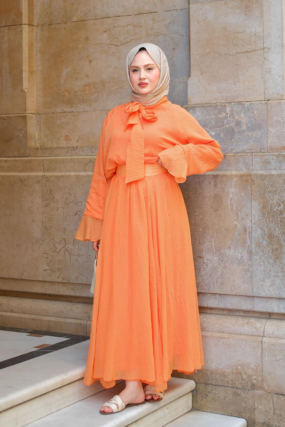 Tül Detay Bağlamalı İkili Takım Turuncu