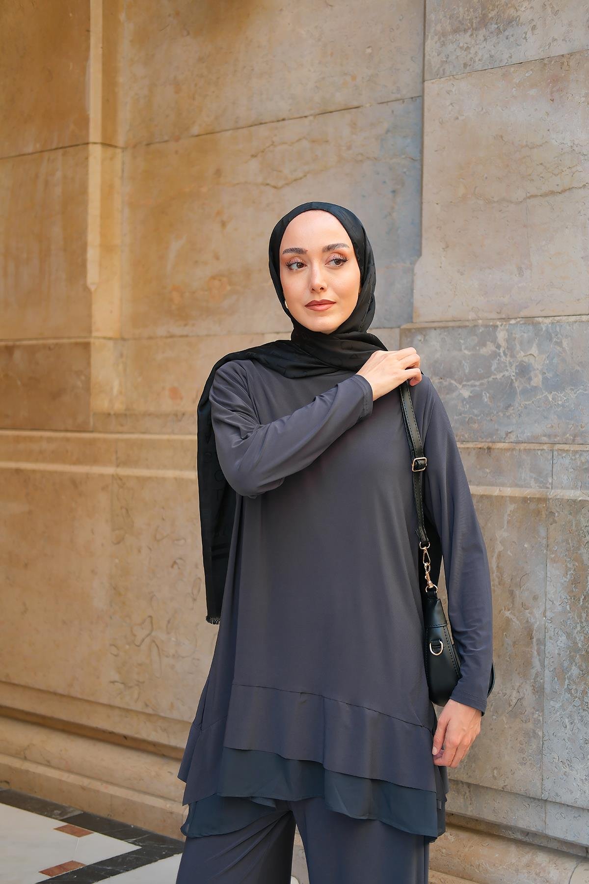 Tül Detay İkili Takım Antrasit