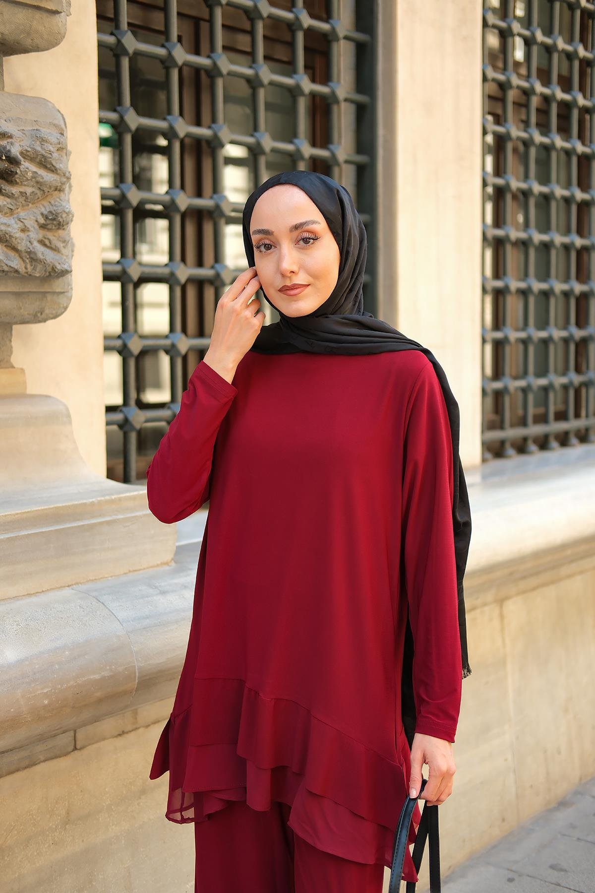 Tül Detay İkili Takım Bordo