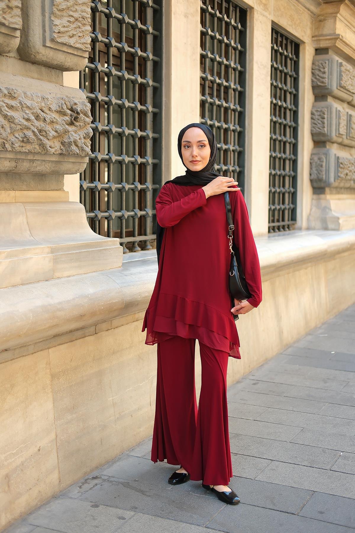 Tül Detay İkili Takım Bordo