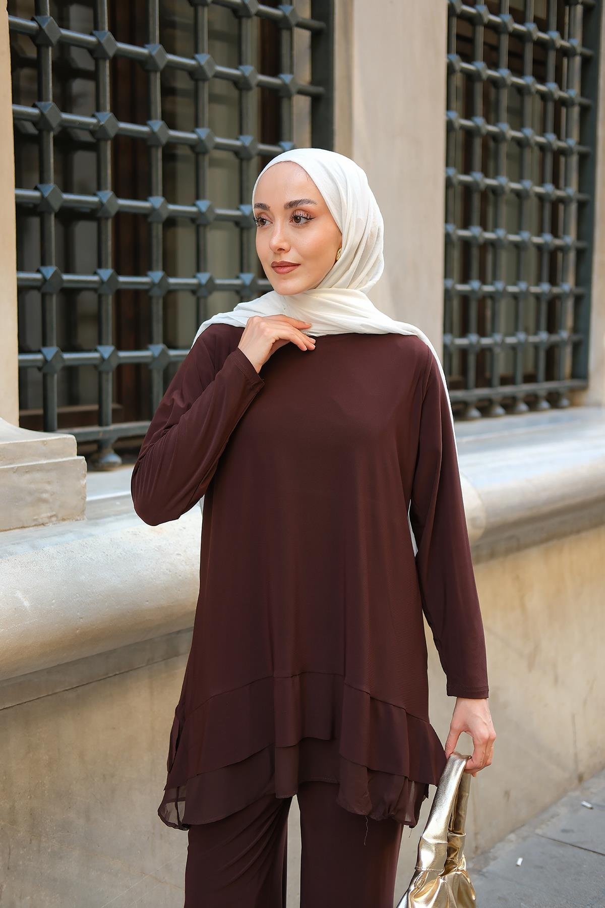 Tül Detay İkili Takım Kahverengi