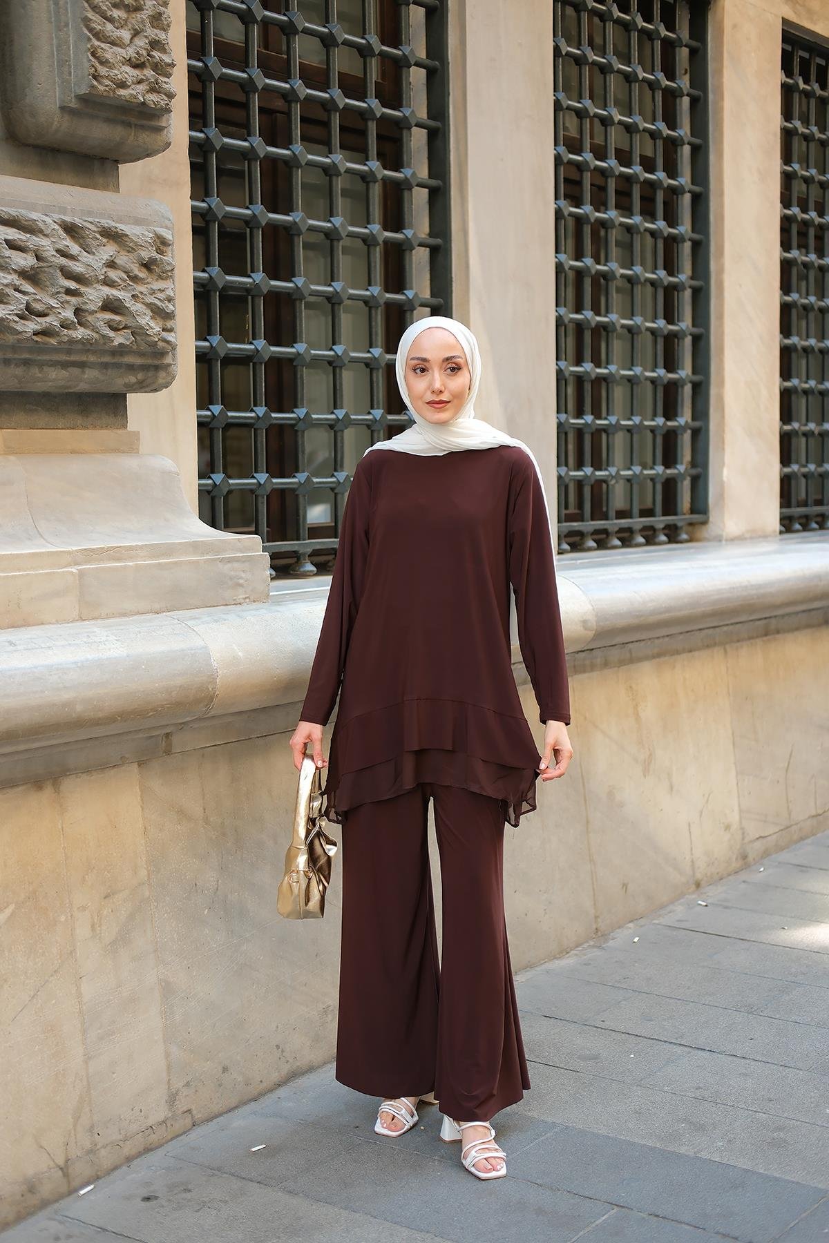 Tül Detay İkili Takım Kahverengi