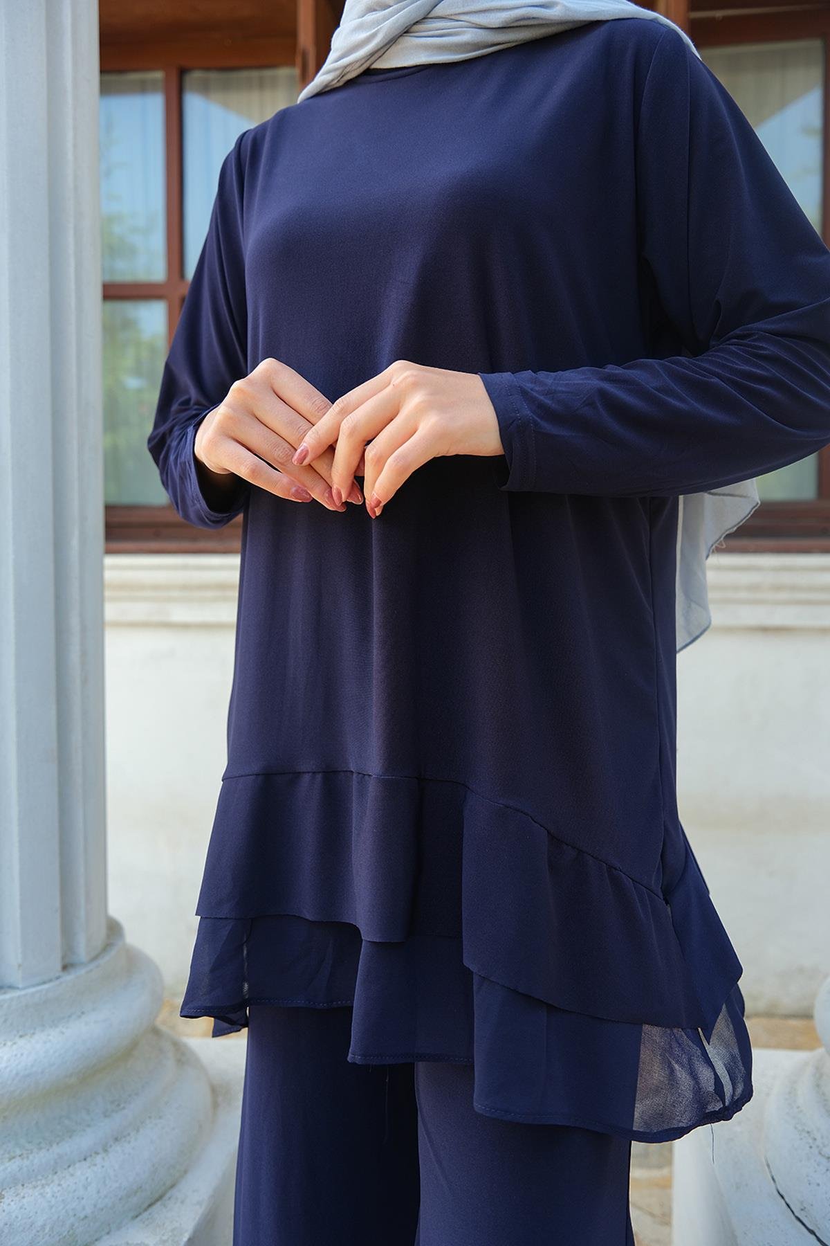 Tül Detay İkili Takım Koyu Lacivert