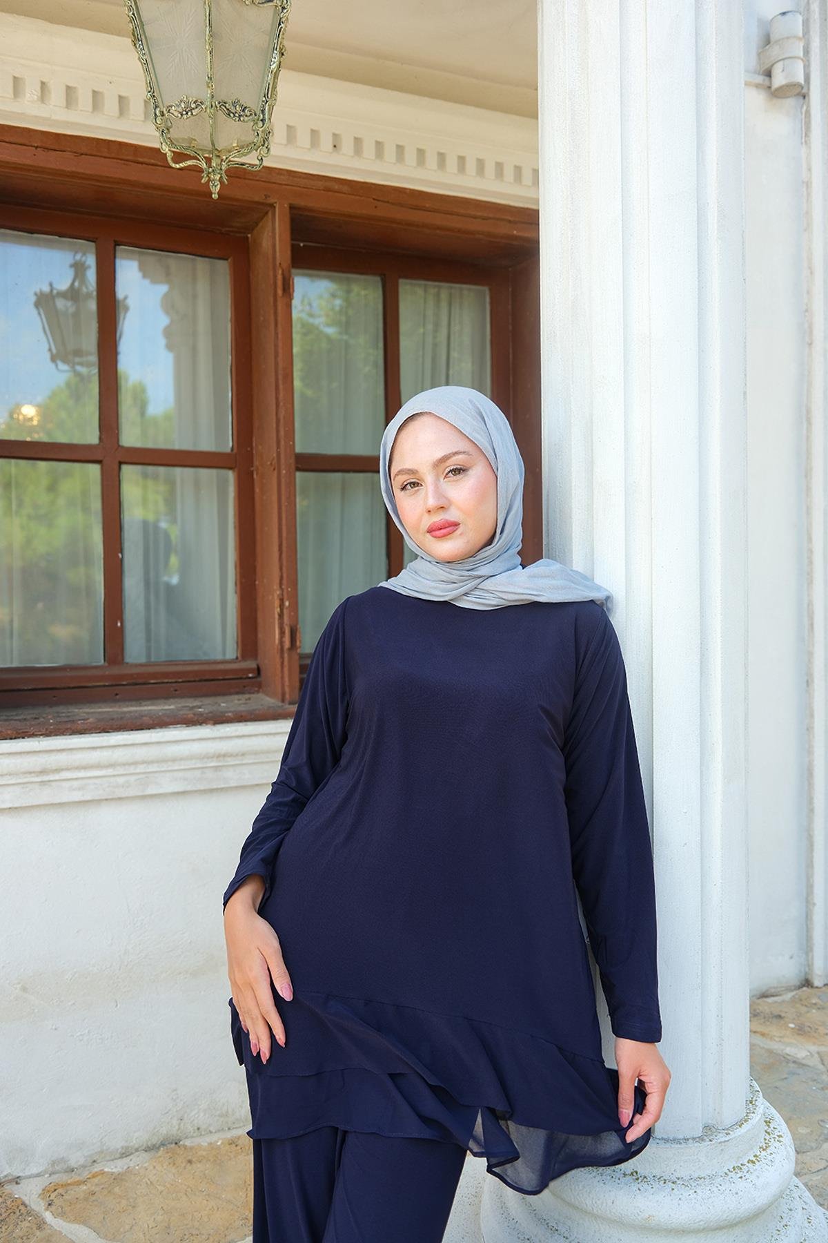 Tül Detay İkili Takım Koyu Lacivert