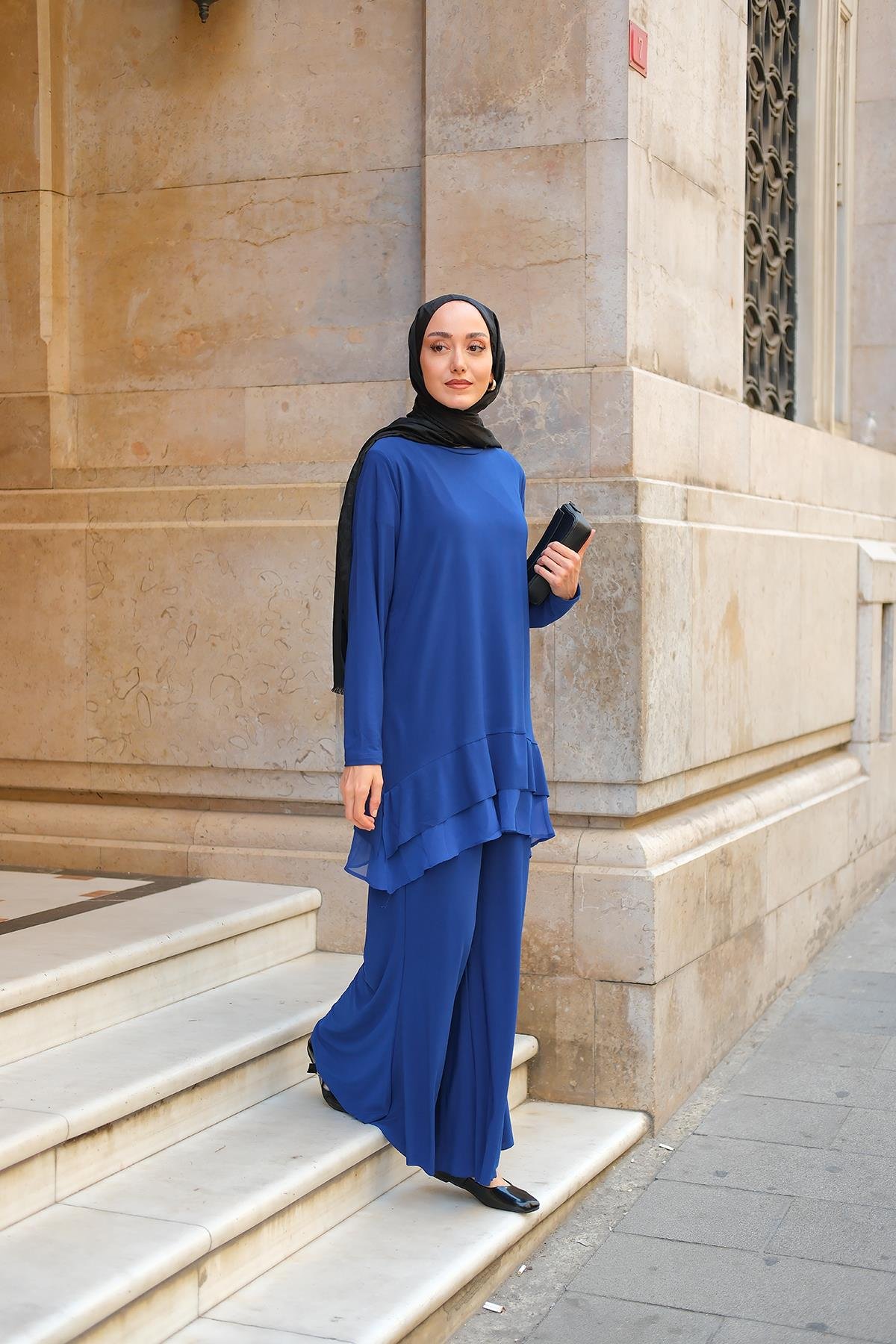 Tül Detay İkili Takım Saks Mavi