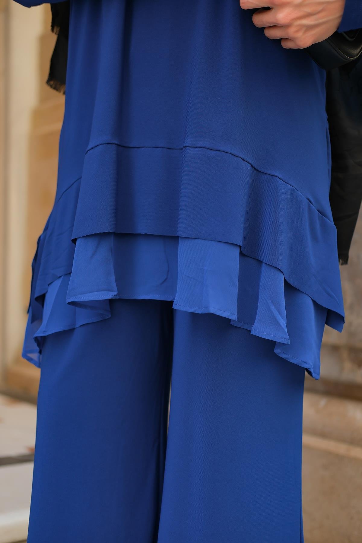 Tül Detay İkili Takım Saks Mavi