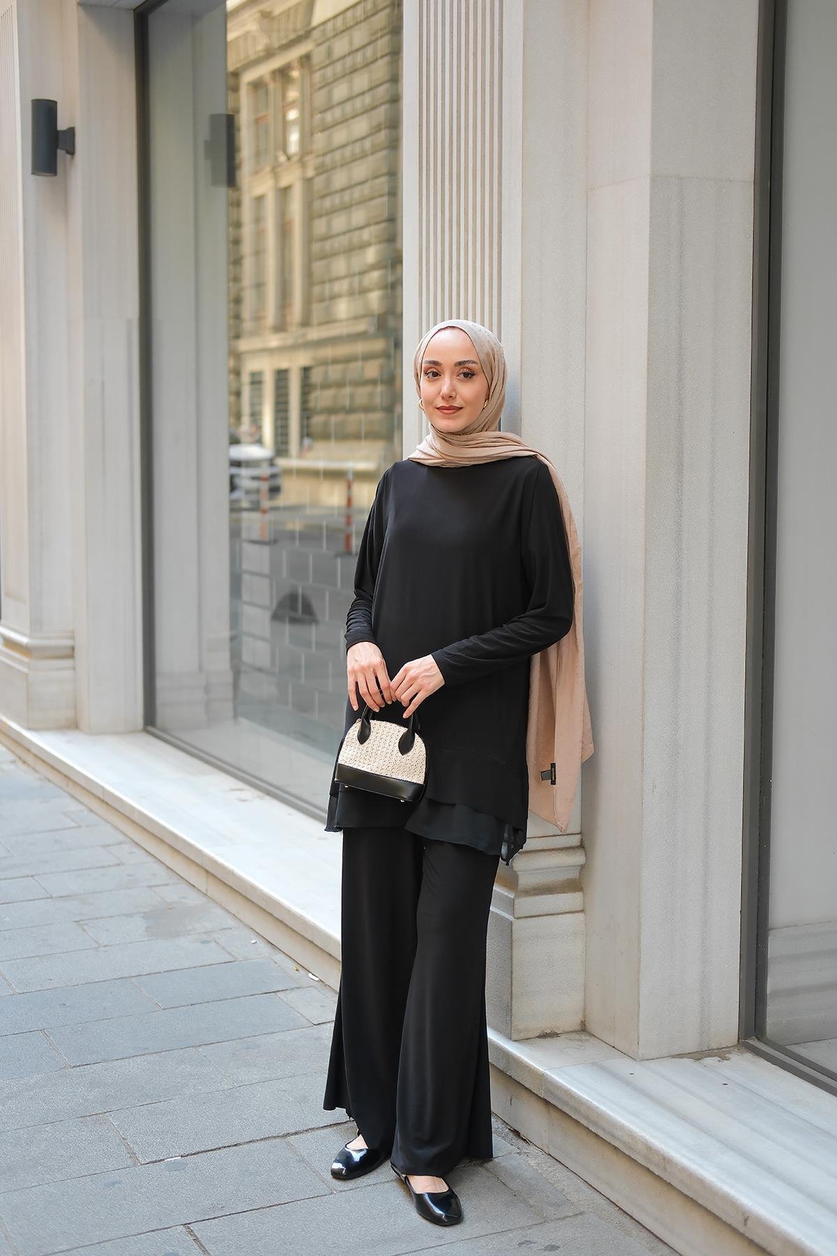 Tül Detay İkili Takım Siyah