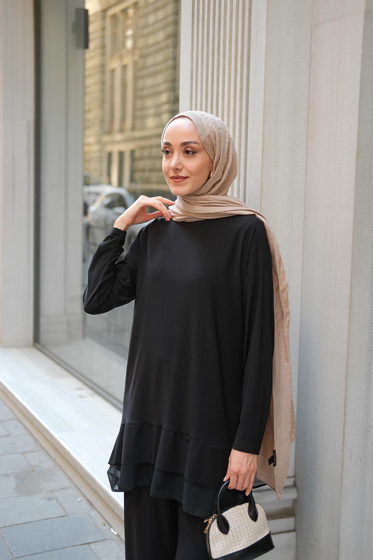 Tül Detay İkili Takım Siyah