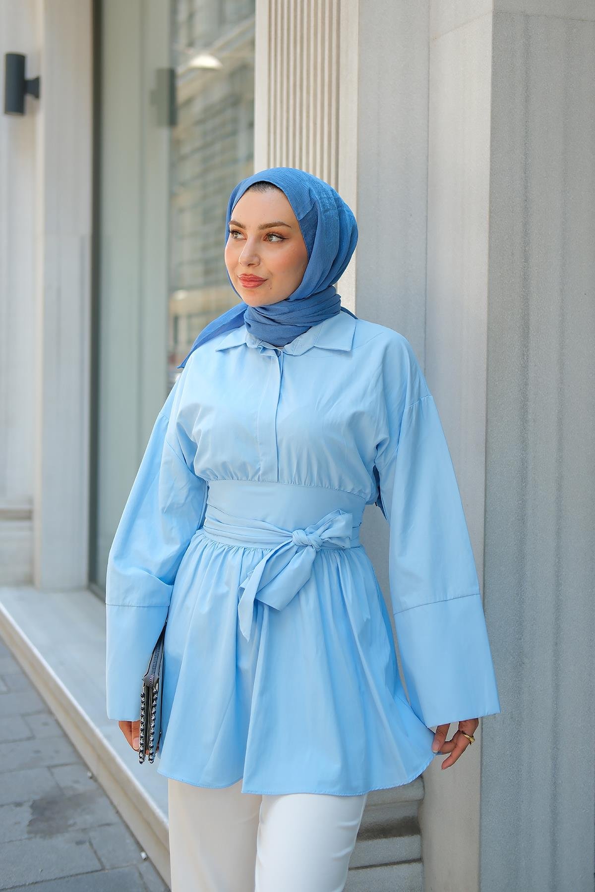 Uzun Kuşaklı Gömlek Bebe Mavi