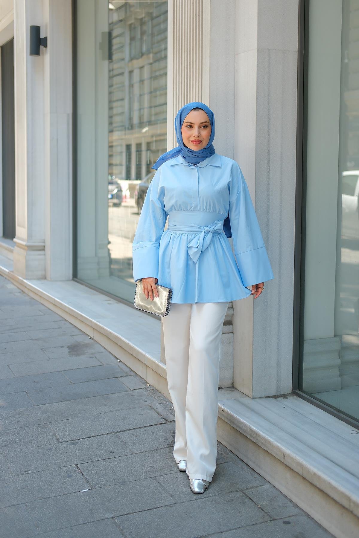 Uzun Kuşaklı Gömlek Bebe Mavi