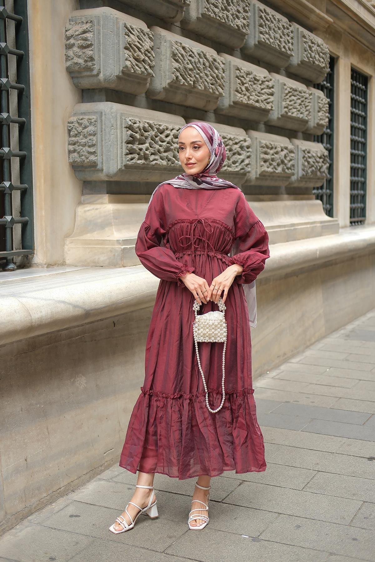 V Detay Tül Elbise Bordo