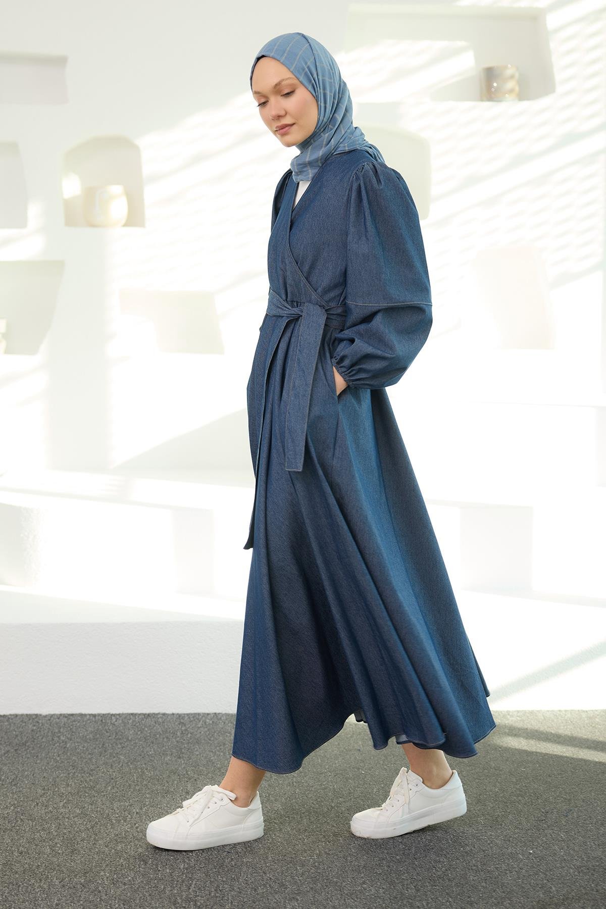 V Yaka Kot Elbise Koyu Mavi