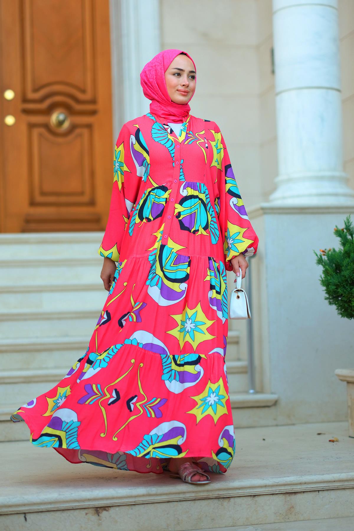 Varak Desen Elbise Fuşya