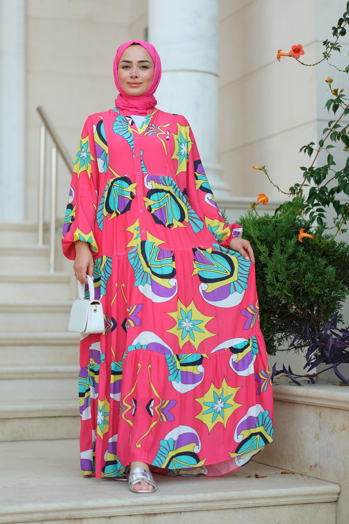 Varak Desen Elbise Fuşya