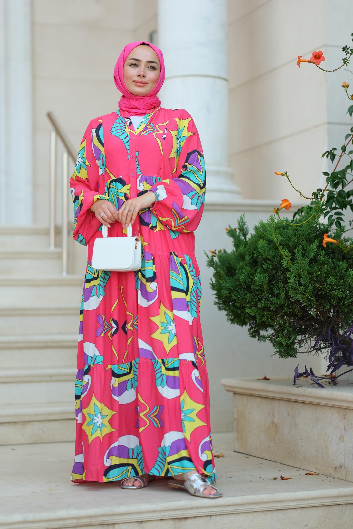 Varak Desen Elbise Fuşya