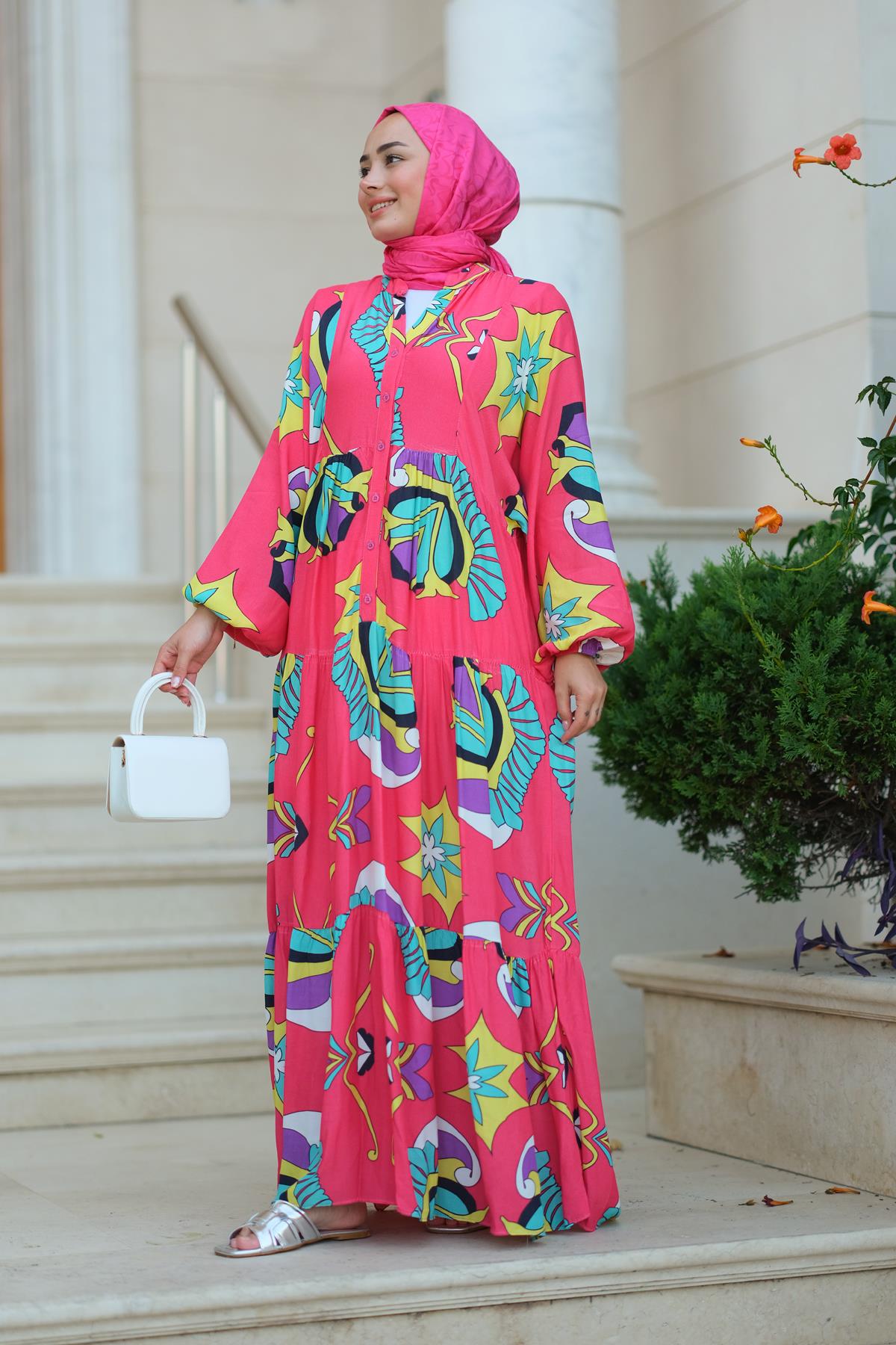 Varak Desen Elbise Fuşya