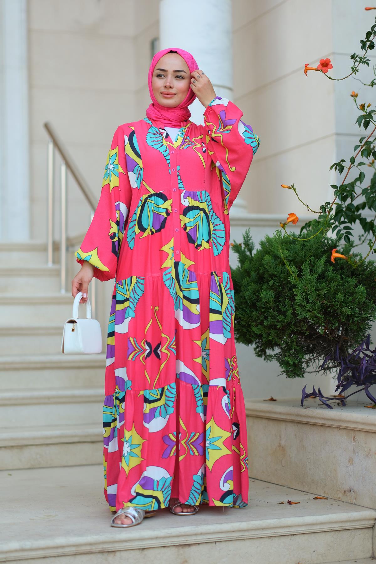 Varak Desen Elbise Fuşya