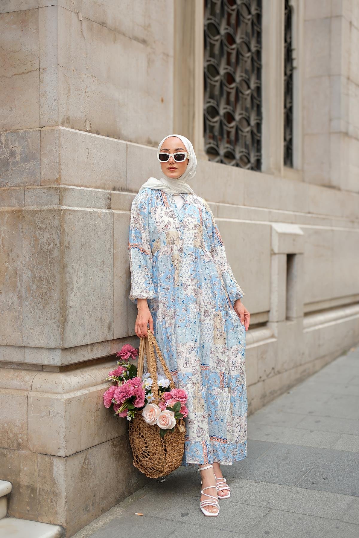 Vintage Çicek Desenli Elbise Bebe Mavi