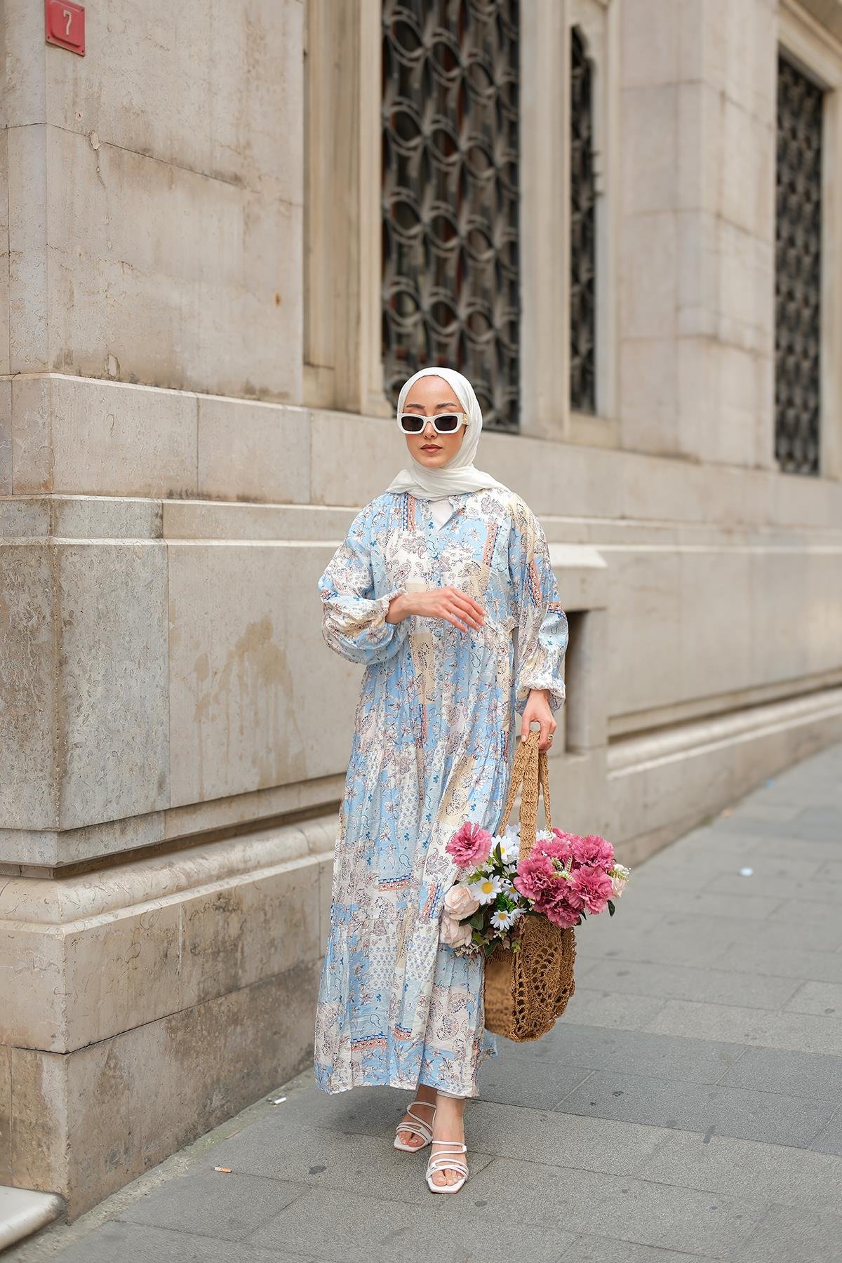 Vintage Çicek Desenli Elbise Bebe Mavi