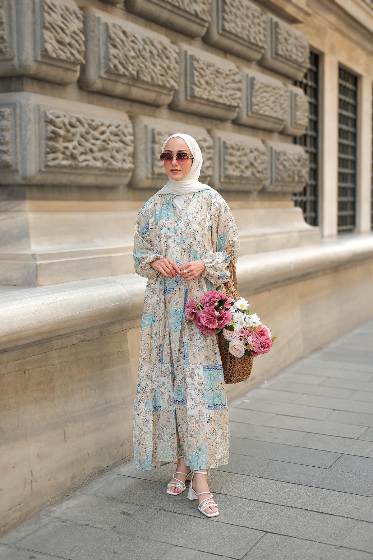 Vintage Çicek Desenli Elbise Mavi