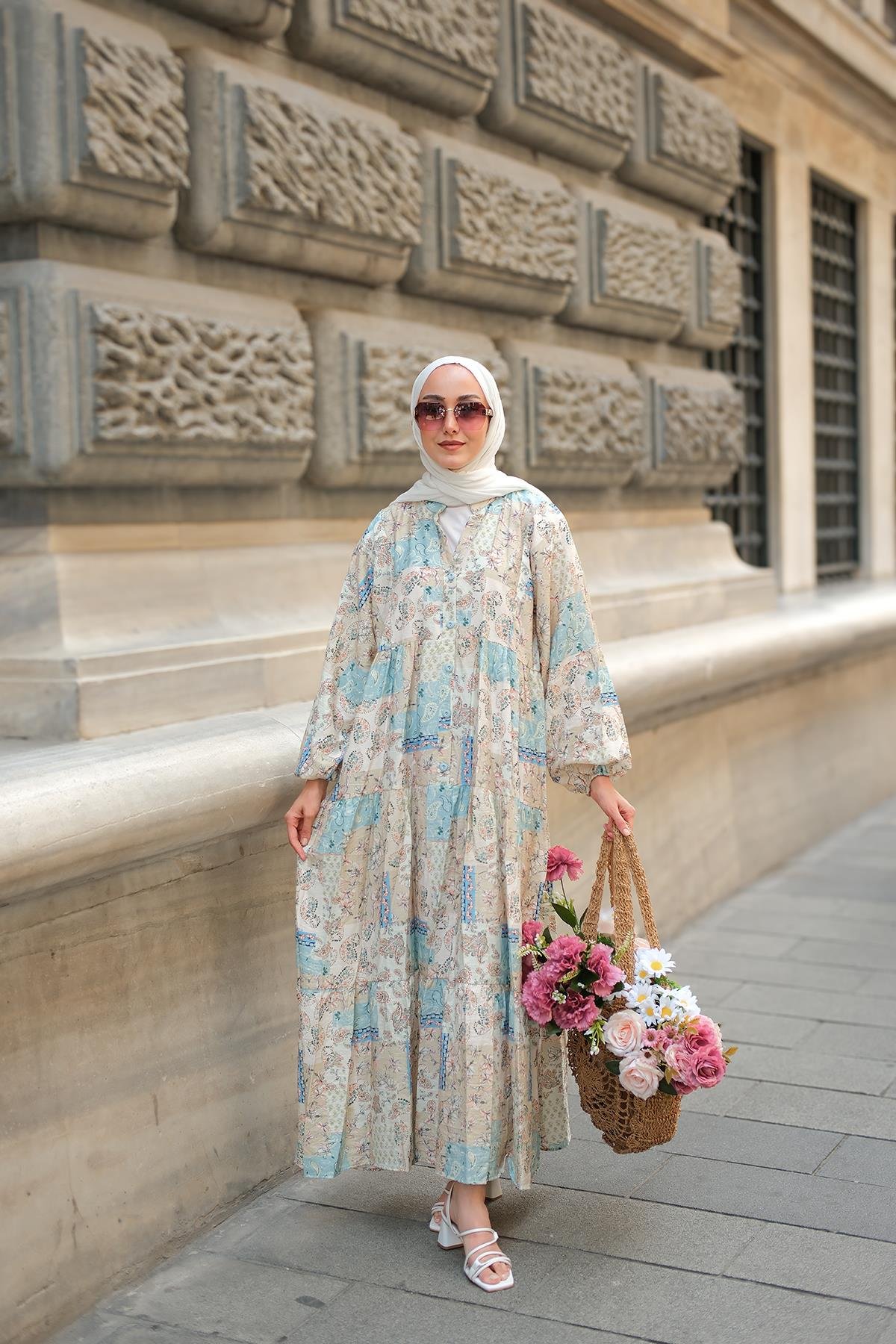 Vintage Çicek Desenli Elbise Mavi