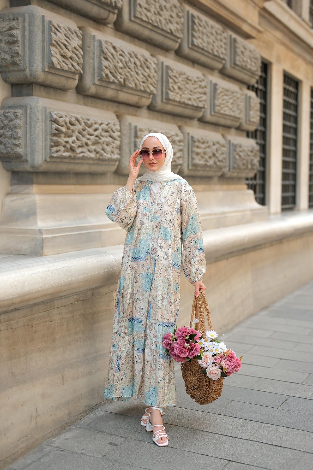 Vintage Çicek Desenli Elbise Mavi