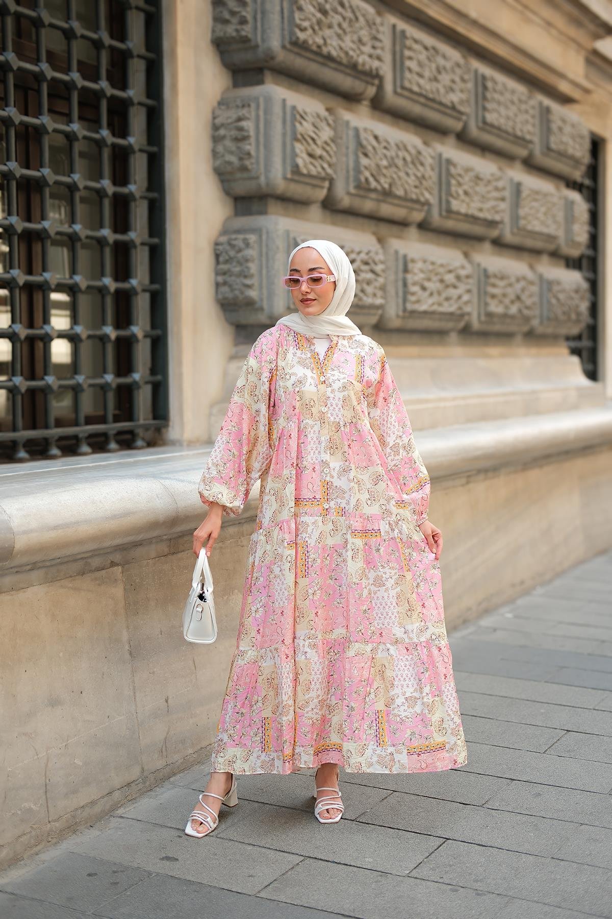 Vintage Çicek Desenli Elbise Pembe