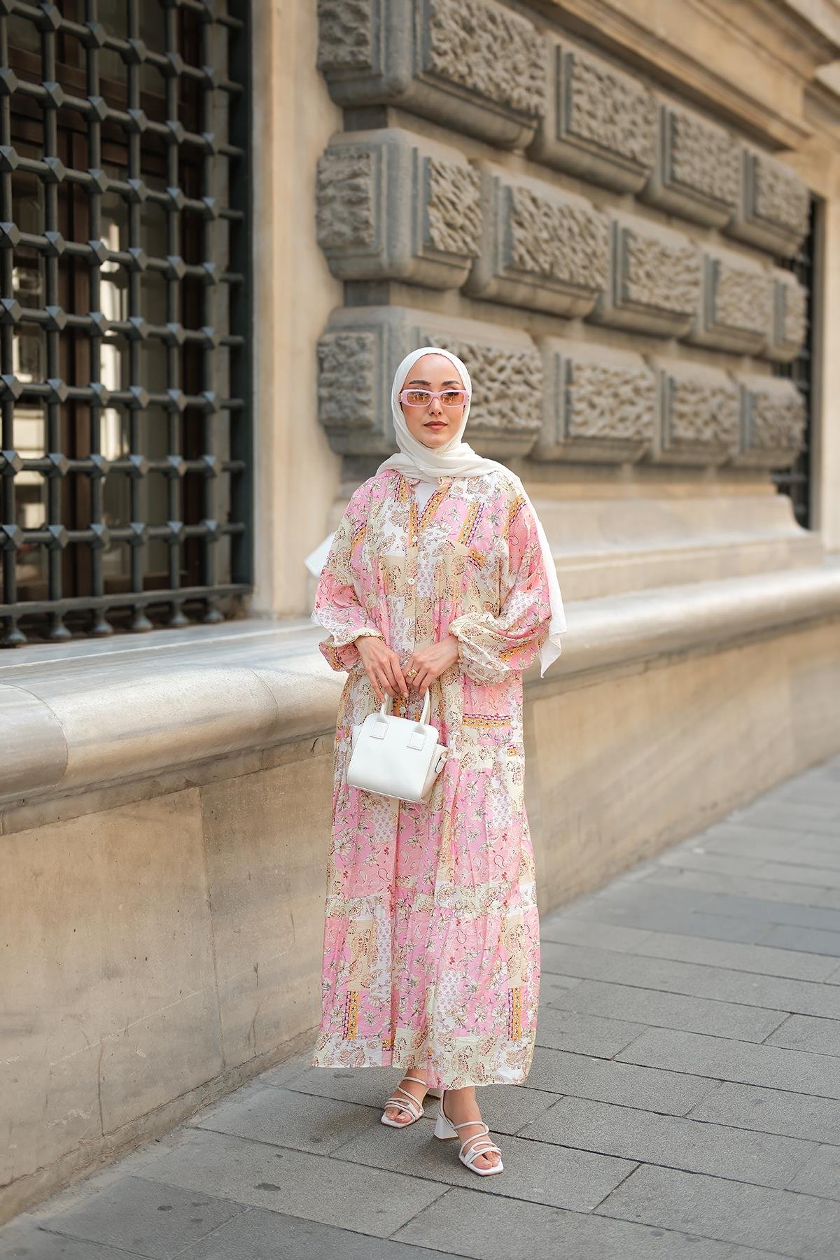 Vintage Çicek Desenli Elbise Pembe