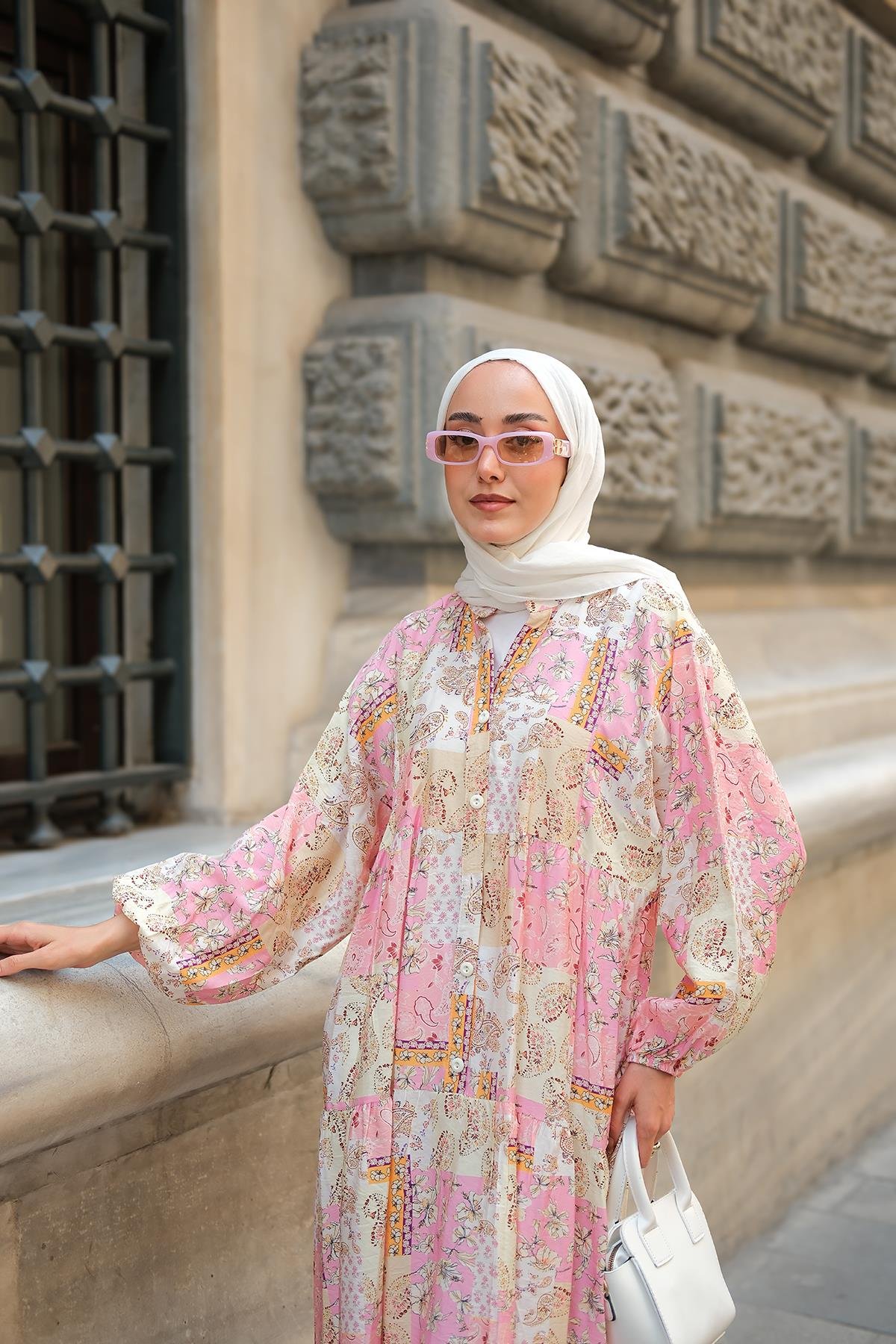 Vintage Çicek Desenli Elbise Pembe