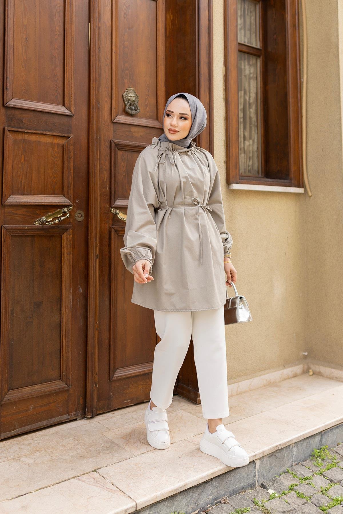 Yaka Büzgülü Bel Bağlamalı Tunik Gri