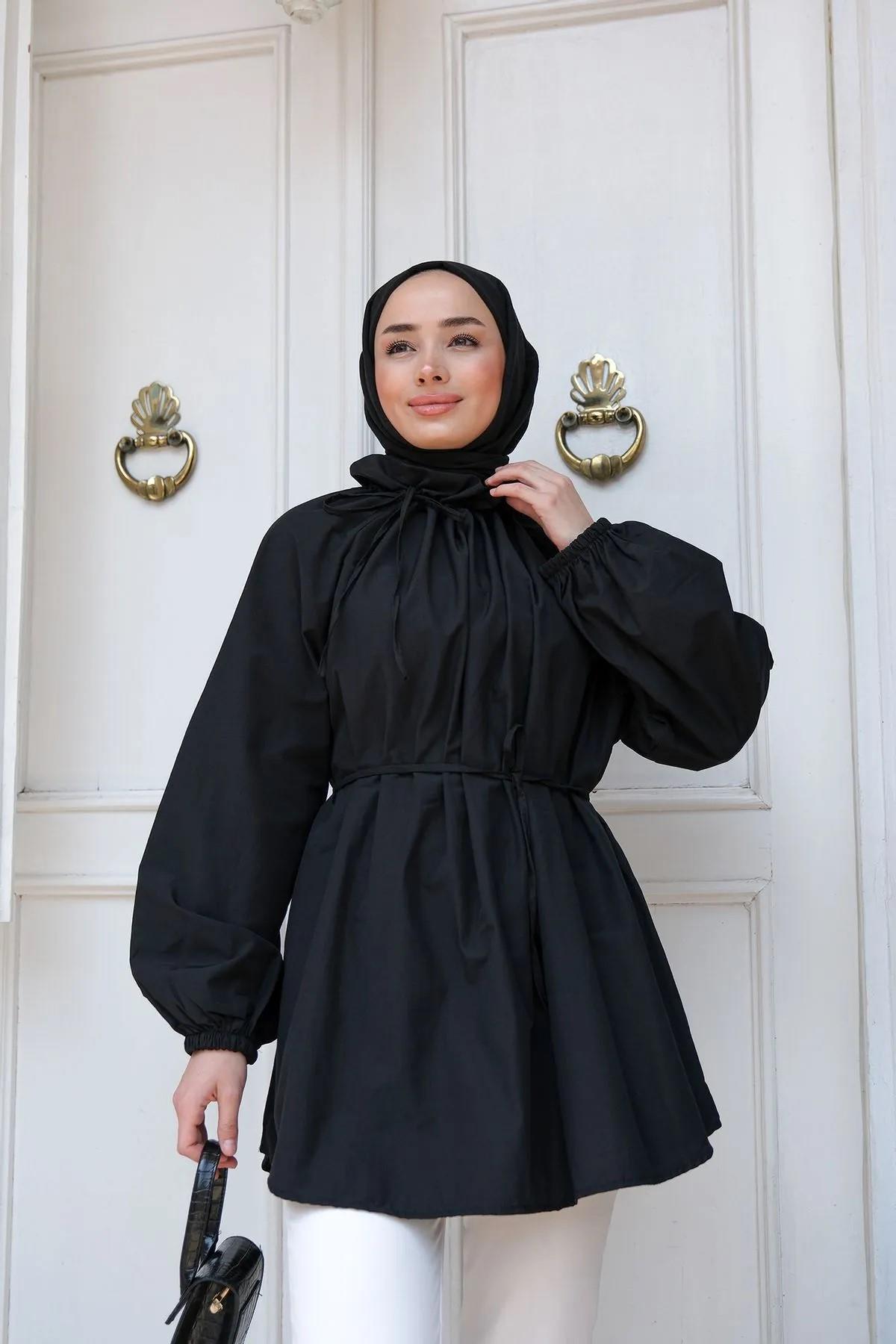 Yaka Büzgülü Bel Bağlamalı Tunik Siyah