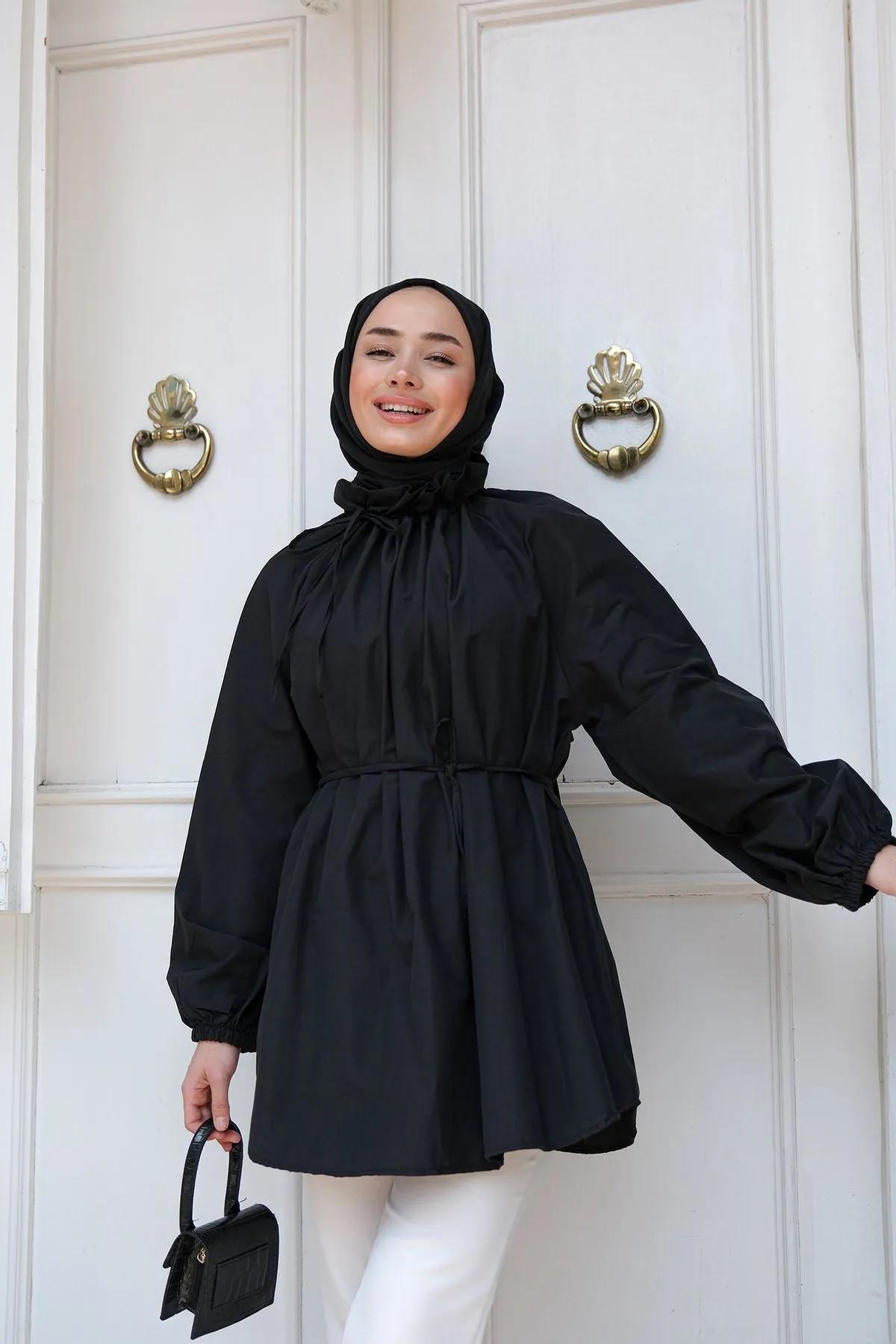 Yaka Büzgülü Bel Bağlamalı Tunik Siyah