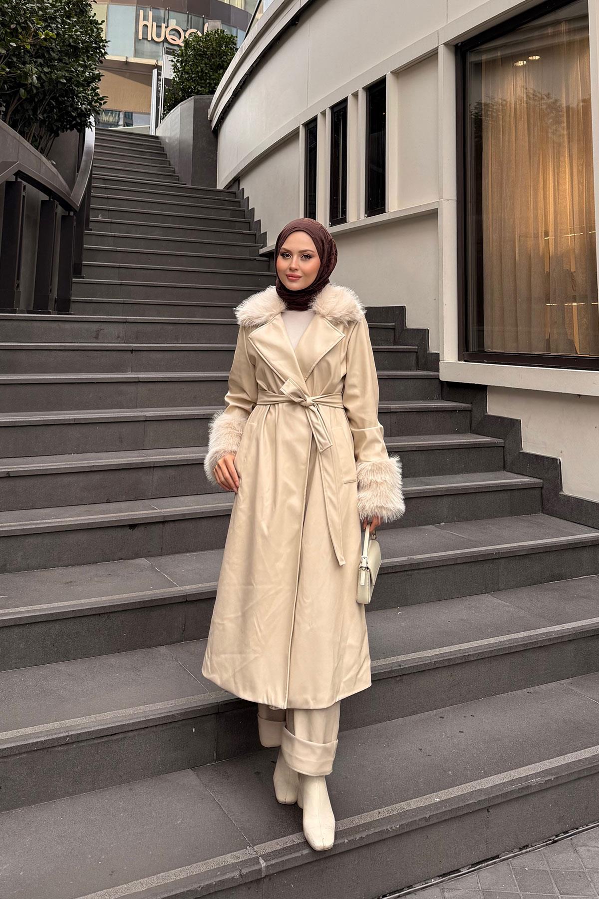 Yaka Kürk Detay Deri Trenç Krem