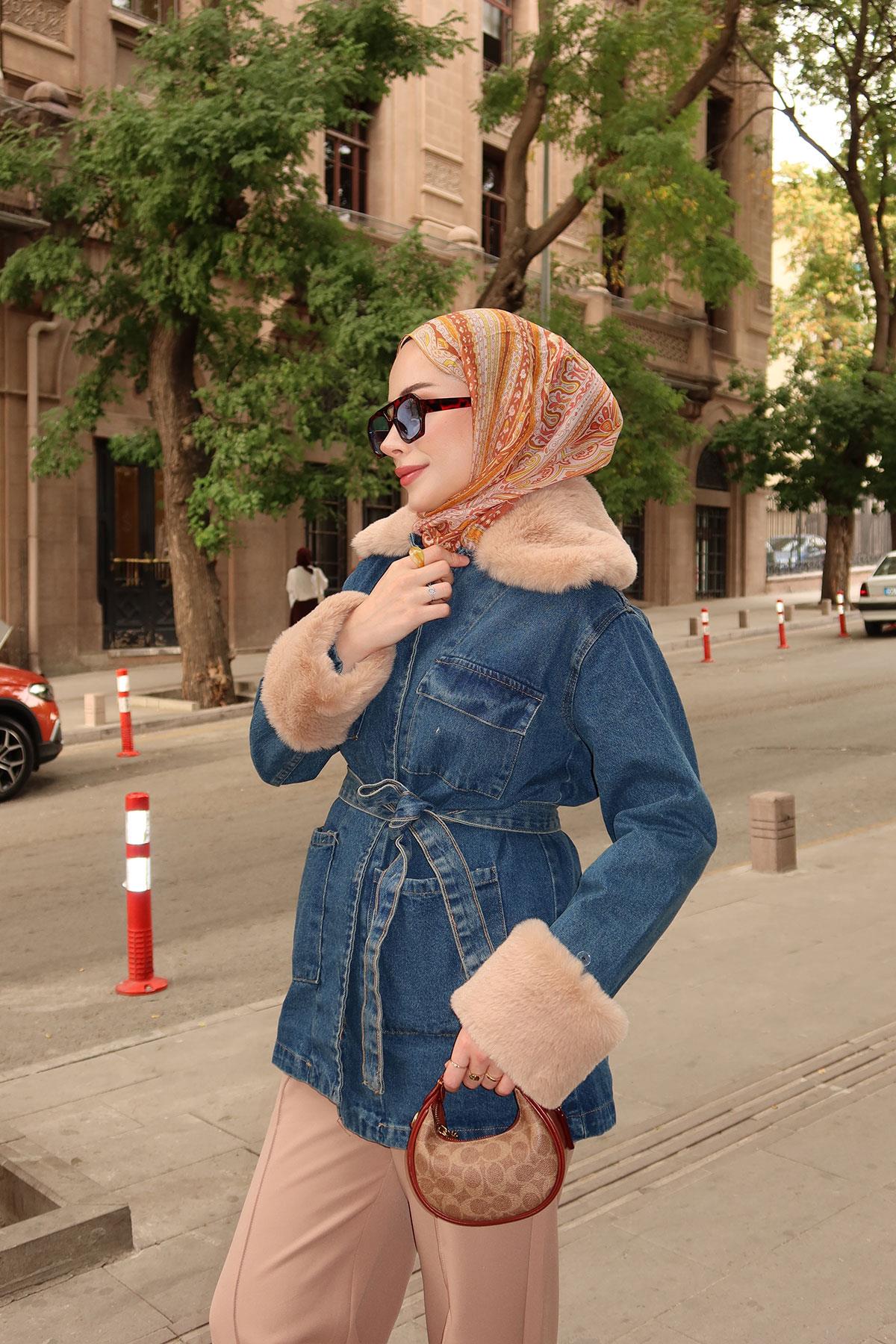 Yaka Kürk Detay Kot Ceket Koyu Mavi